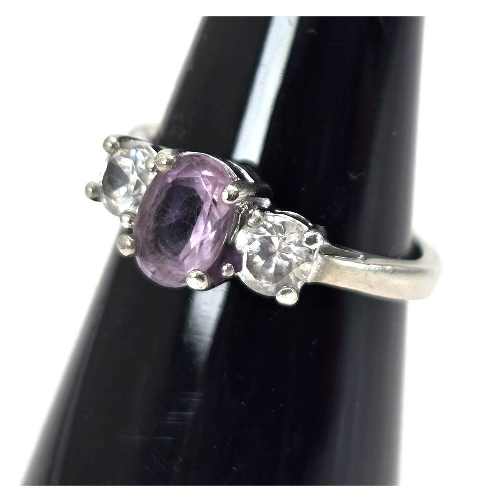 Amethyst & White Topaz Sterling Silver Ring Size 5.75 Elegant Oval Cut LI647